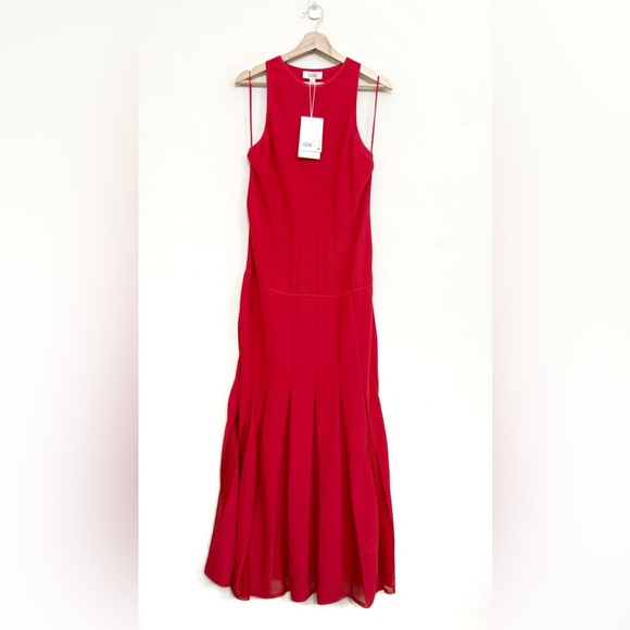 NWT COS Pleated Racer Neck Drop Waist Sheer Panel Knit Red Maci Dress Sz M - Picture 5 of 14